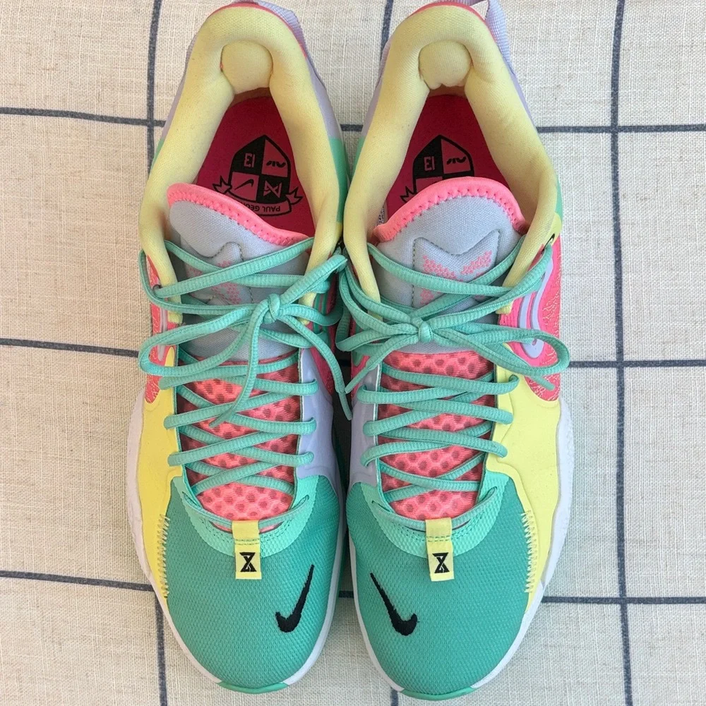 Men’s Nike Paul George Multicolor Pastel Lace-Up Sneakers in Mint, Pink & Yellow - Picture 3 of 7